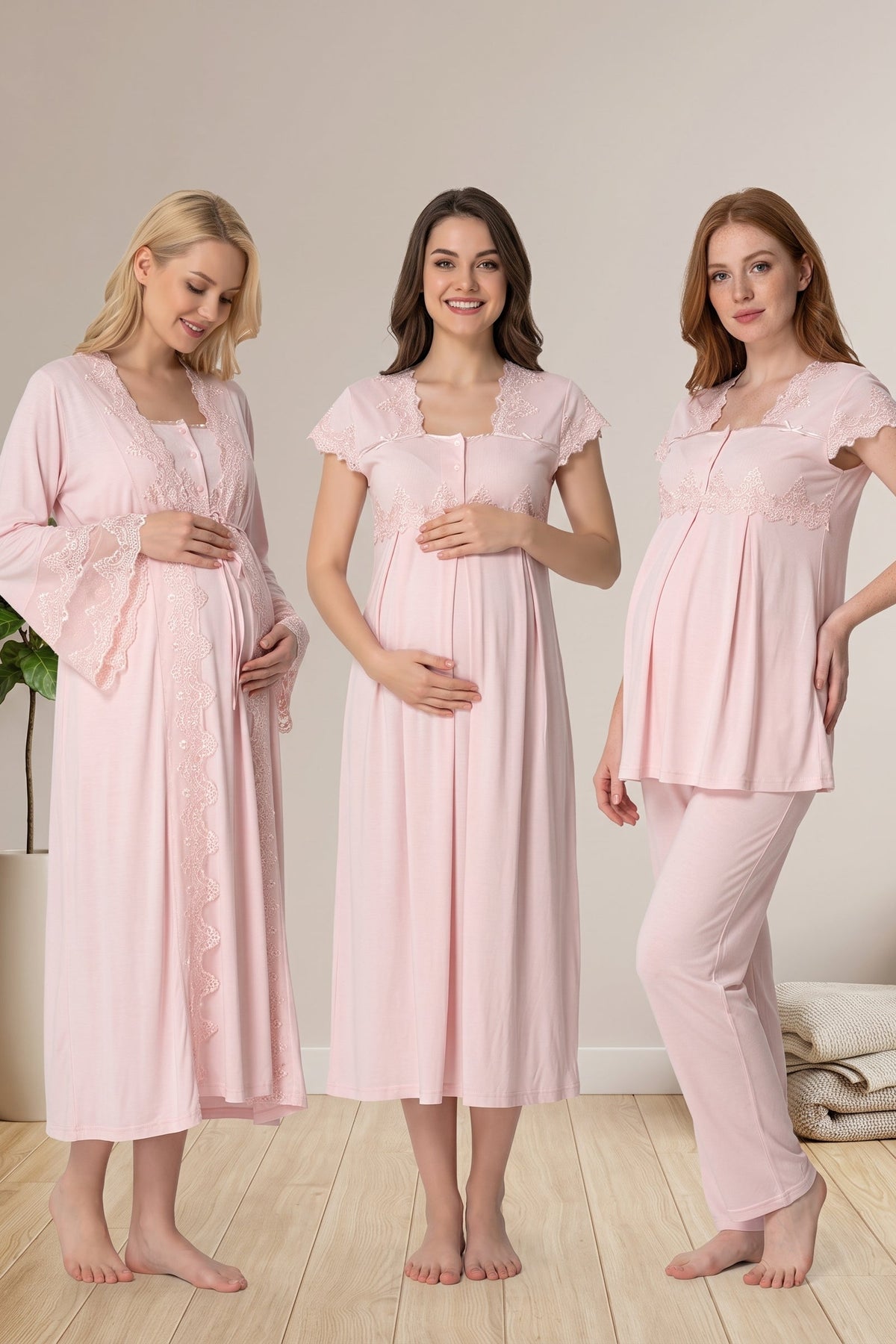 Lace Collar and Lace Detailed 4-Piece Maternity Feeding-Friendly Set Pink - T5015
