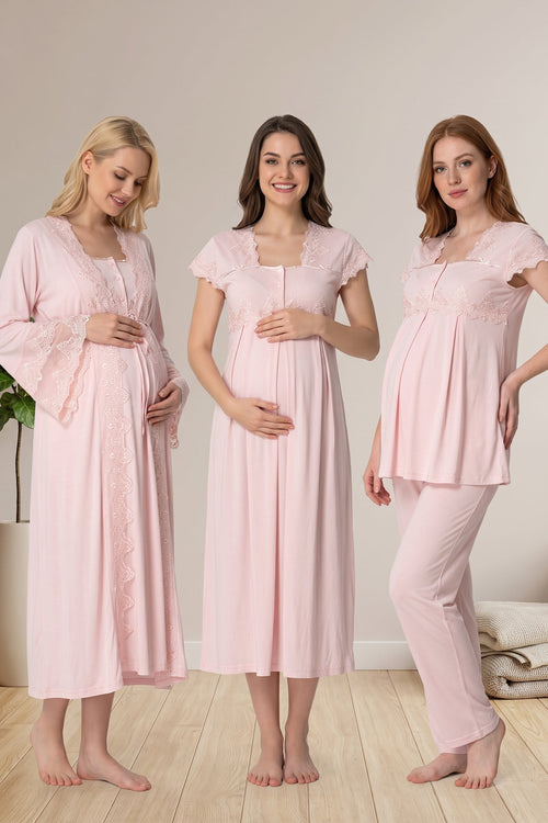 Lace Collar and Lace Detailed 4-Piece Maternity Feeding-Friendly Set Pink - T5015