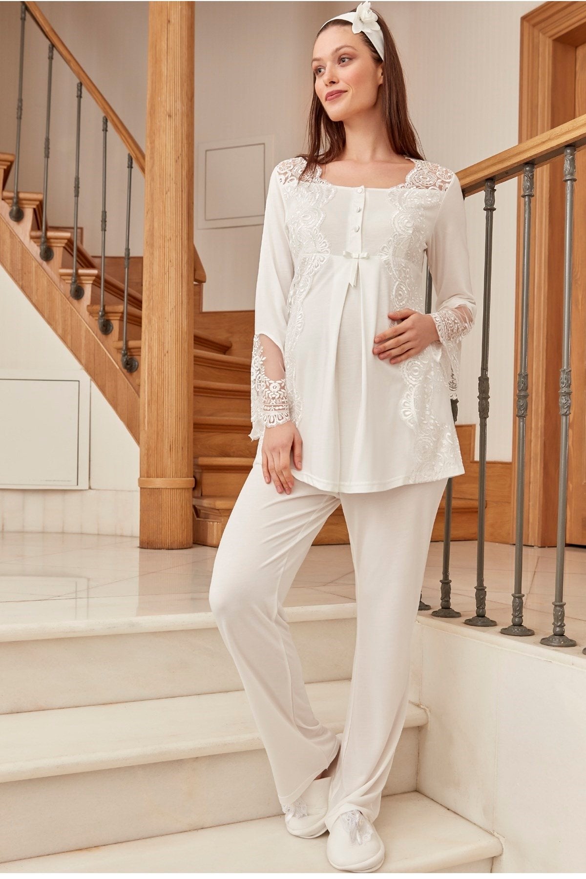 Lace Collar Maternity Feeding-Friendly Pajama Set Ecru - C5015