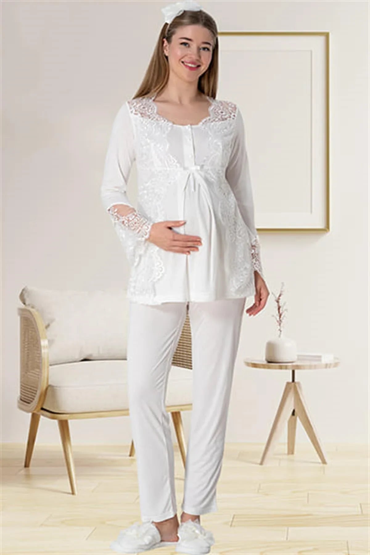 Lace Collar Maternity Feeding-Friendly Pajama Set Ecru - C5015