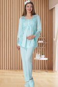 Lace Collar Maternity Feeding-Friendly Pajama Set Turquoise - C5015