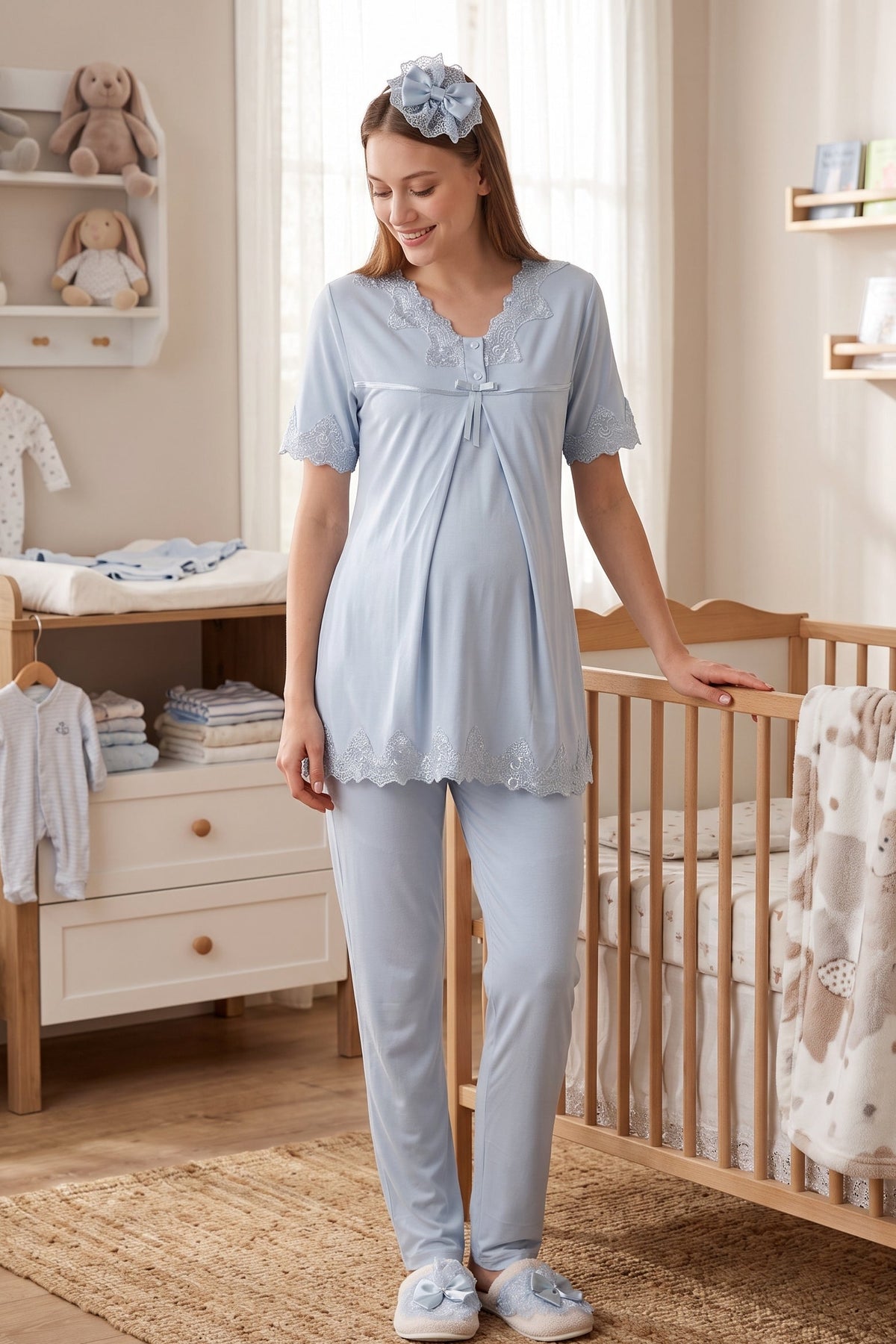 Lace Detailed Maternity Feeding-Friendly Pajama Set Blue - T5032