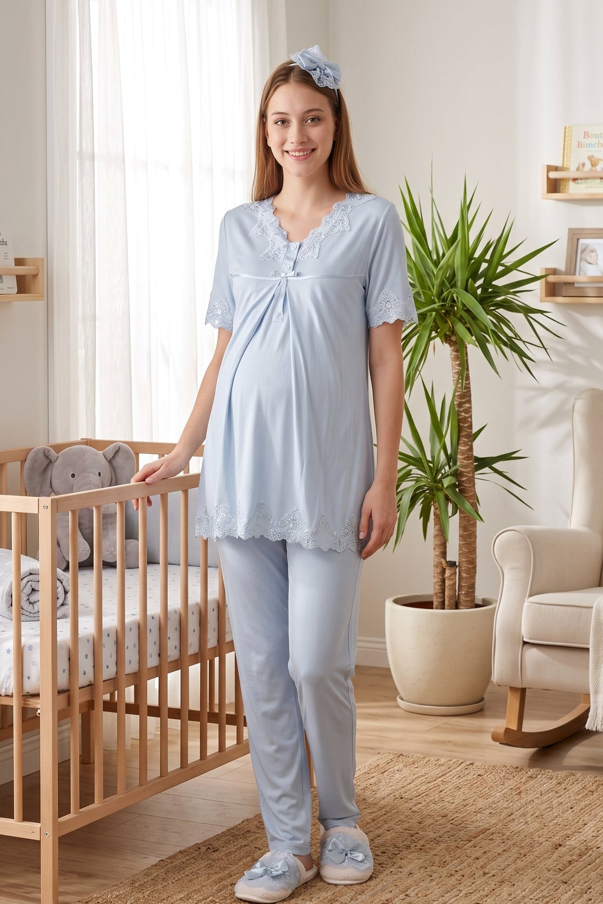 Lace Detailed Maternity Feeding-Friendly Pajama Set Blue - T5032