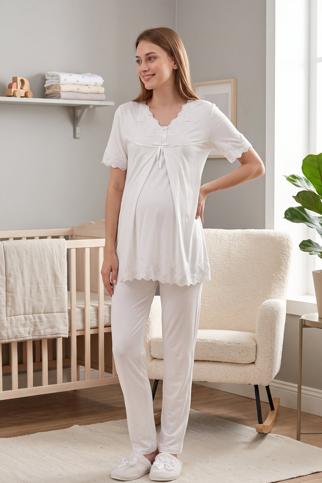 Lace Detailed Maternity Feeding-Friendly Pajama Set Ecru - T5032