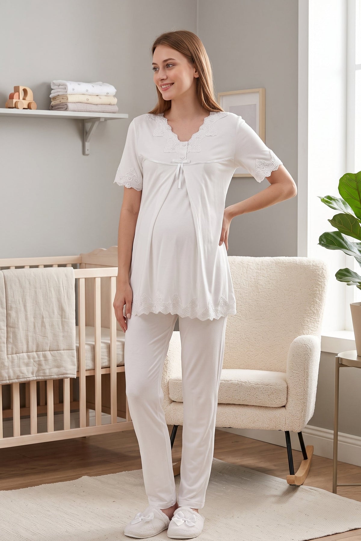 Lace Detailed Maternity Feeding-Friendly Pajama Set Ecru - T5032