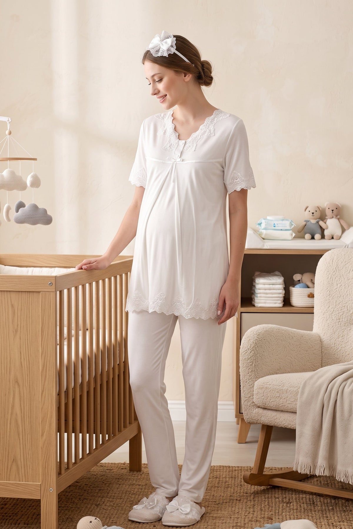 Lace Detailed Maternity Feeding-Friendly Pajama Set Ecru - T5032
