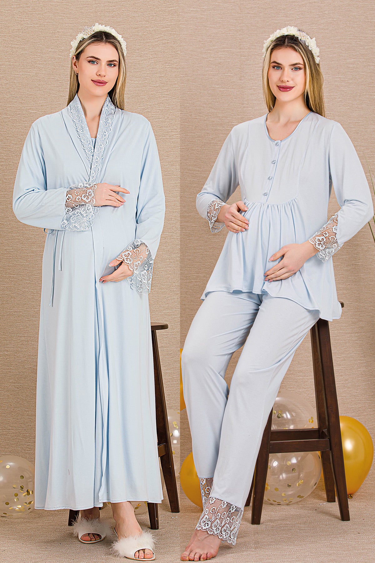 Lace Sleeve and Lace Detailed 4-Piece Maternity Feeding-Friendly Set Blue - Y503204