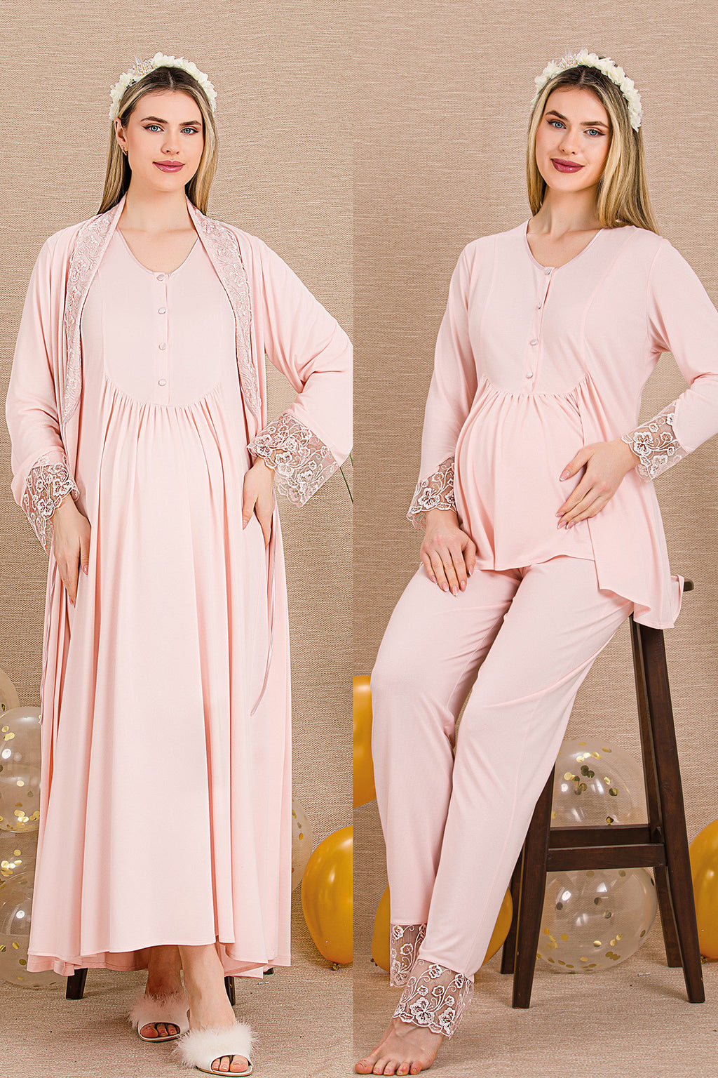 Lace Sleeve and Lace Detailed 4-Piece Maternity Feeding-Friendly Set Pink - Y503204