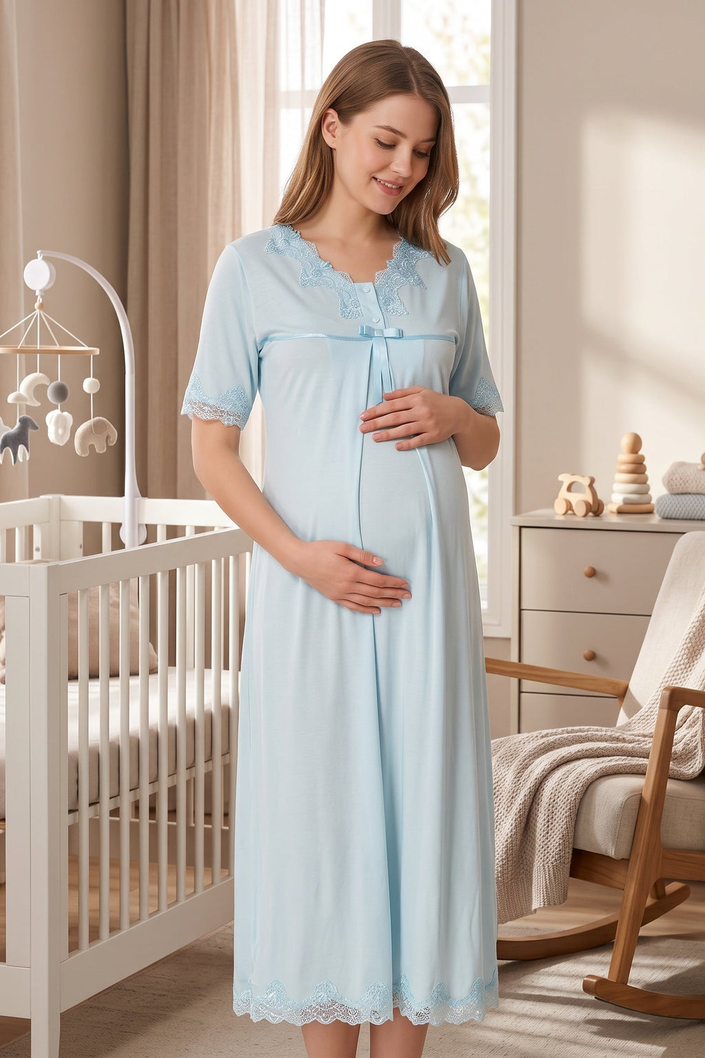 Lace Detailed Maternity Feeding-Friendly Nightgown Blue - T5033