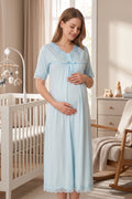 Lace Detailed Maternity Feeding-Friendly Nightgown Blue - T5033