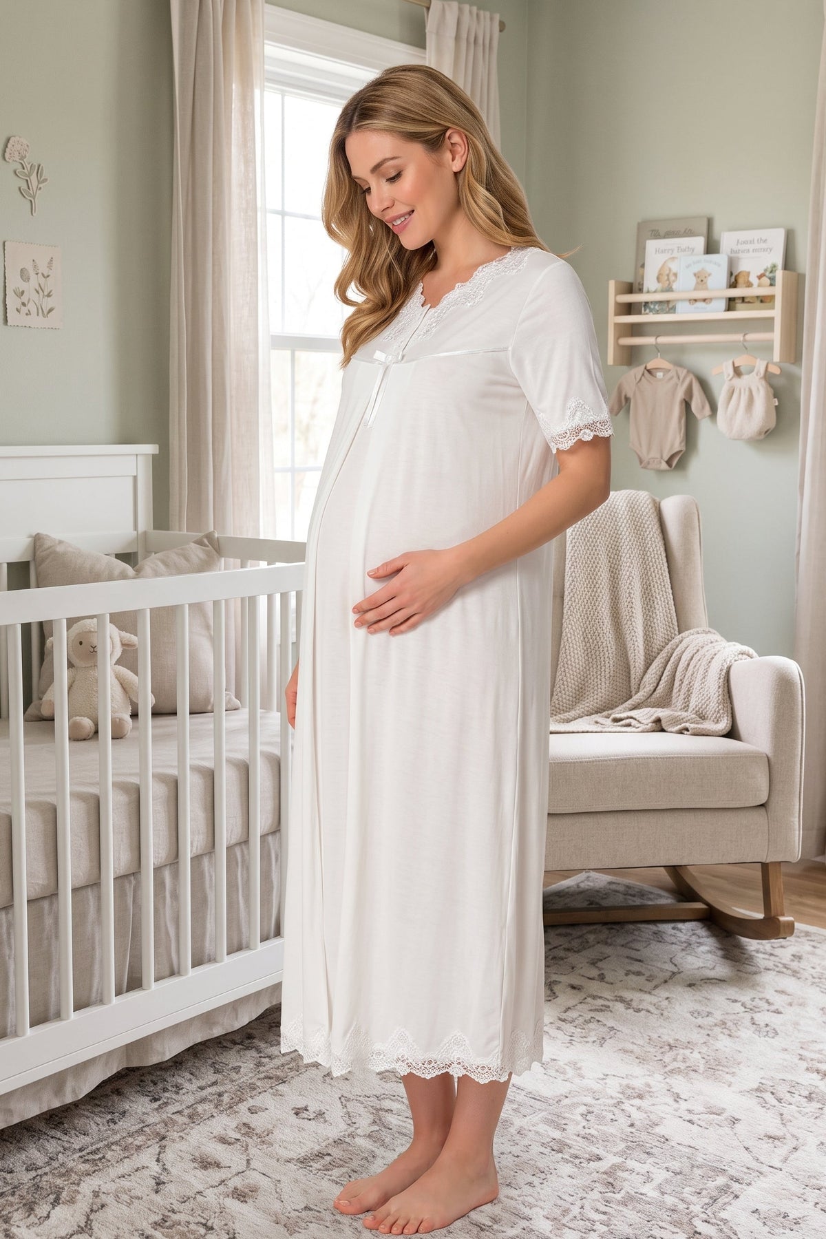 Lace Detailed Maternity Feeding-Friendly Nightgown Ecru - T5033