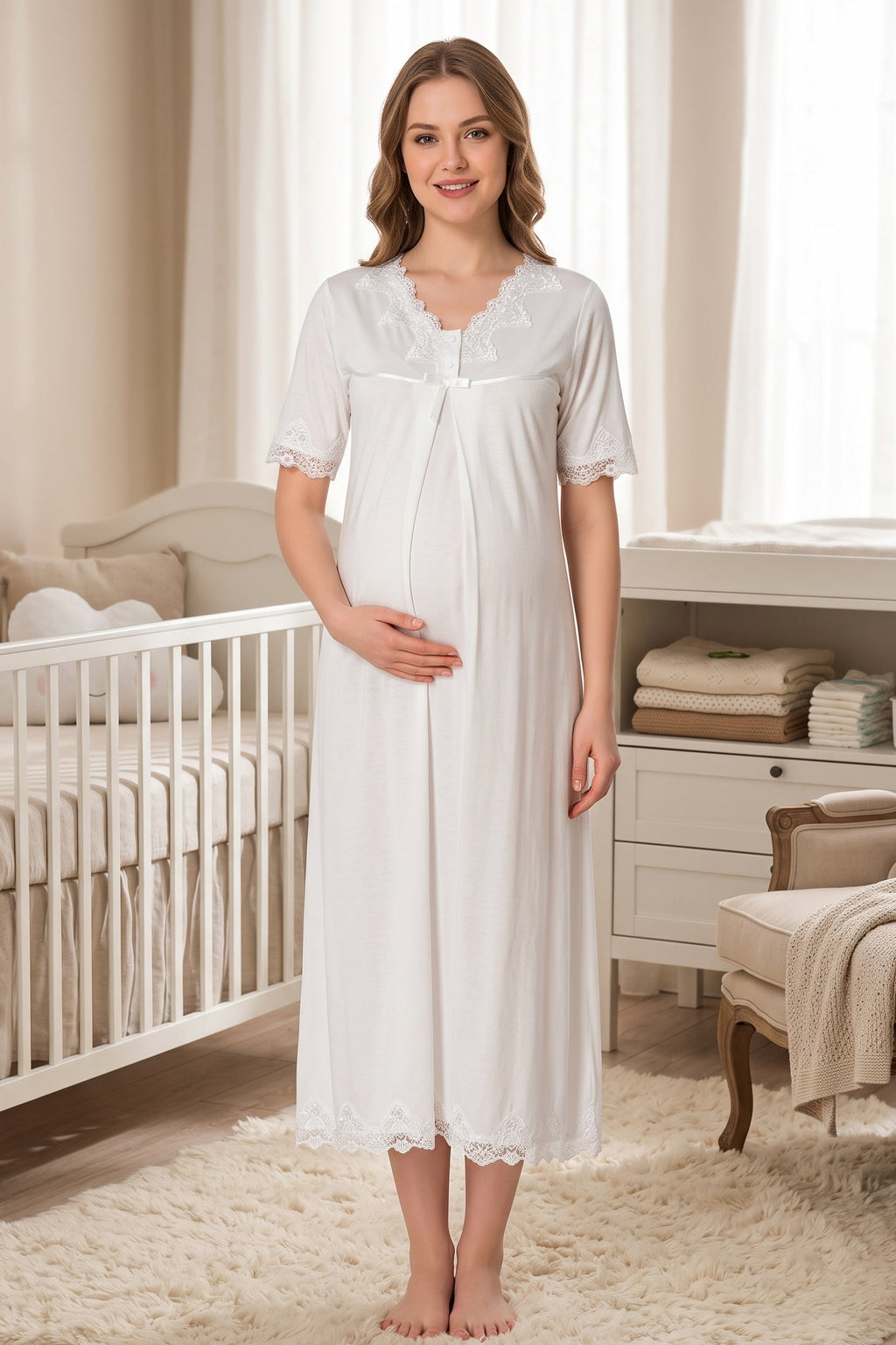 Lace Detailed Maternity Feeding-Friendly Nightgown Ecru - T5033