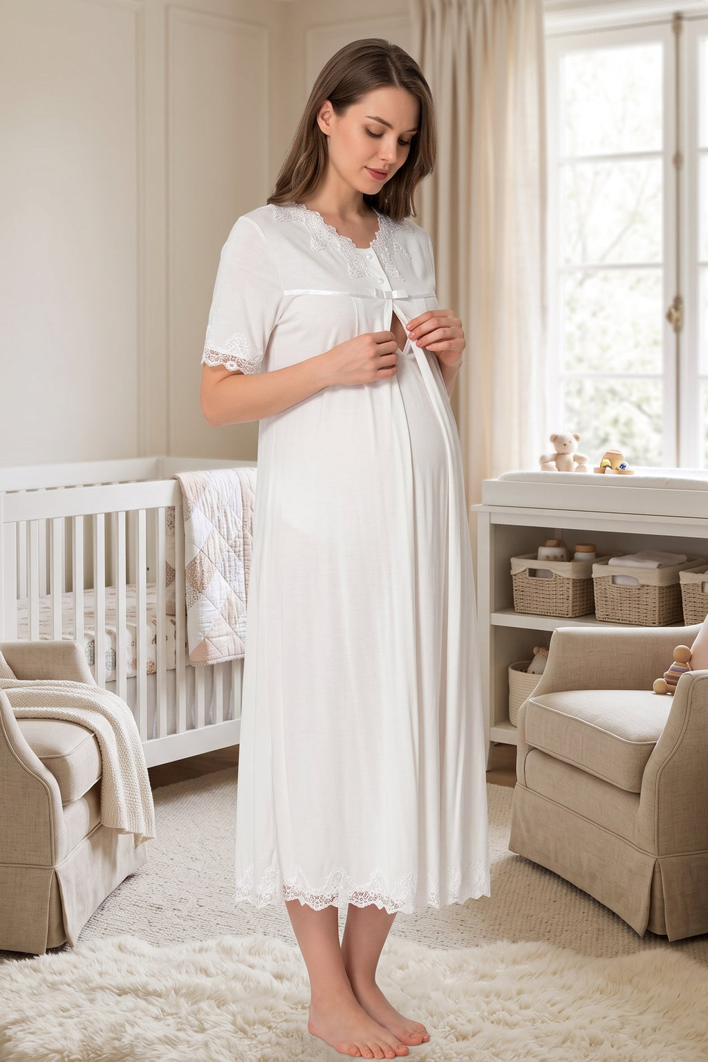 Lace Detailed Maternity Feeding-Friendly Nightgown Ecru - T5033
