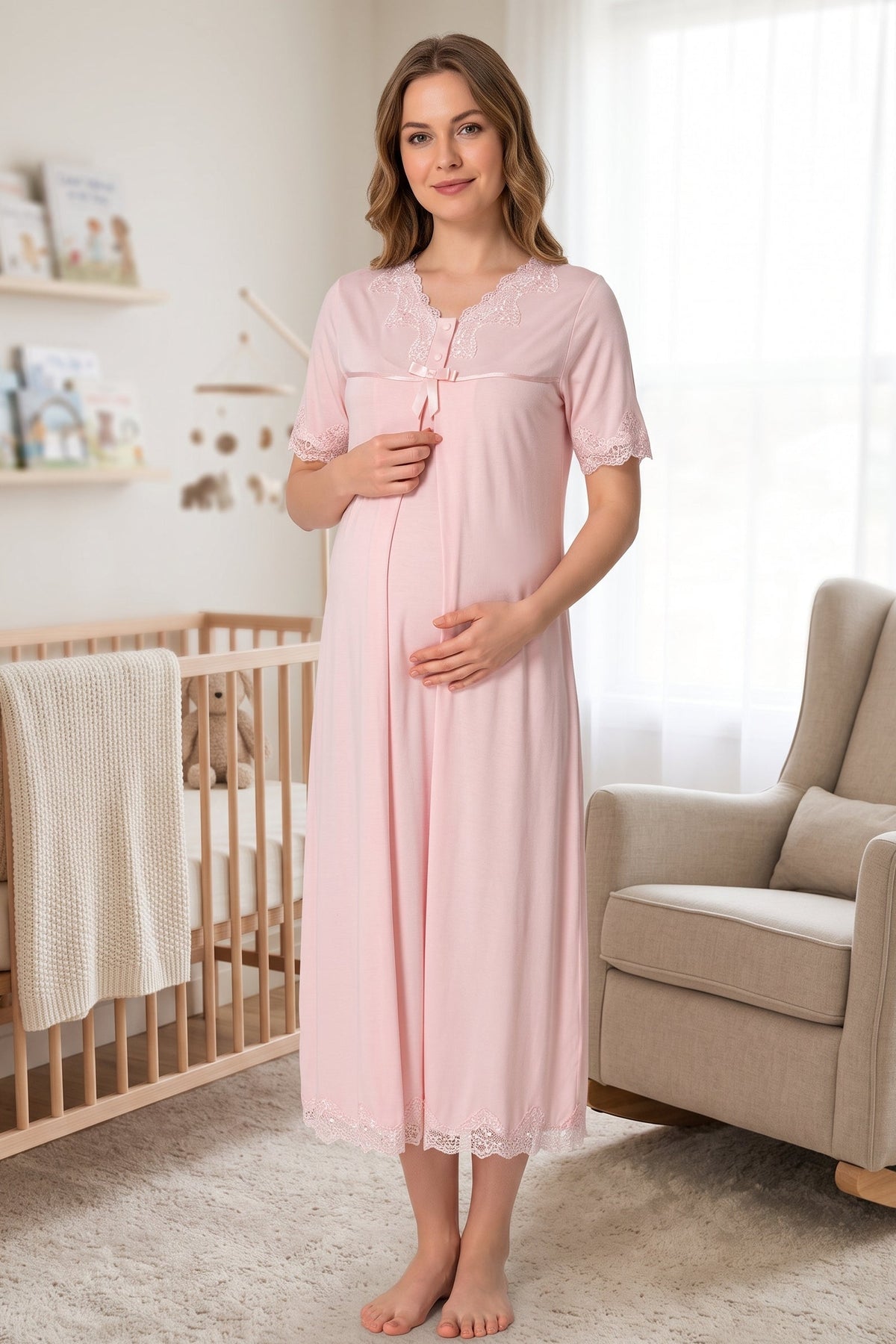 Lace Detailed Maternity Feeding-Friendly Nightgown Pink - T5033