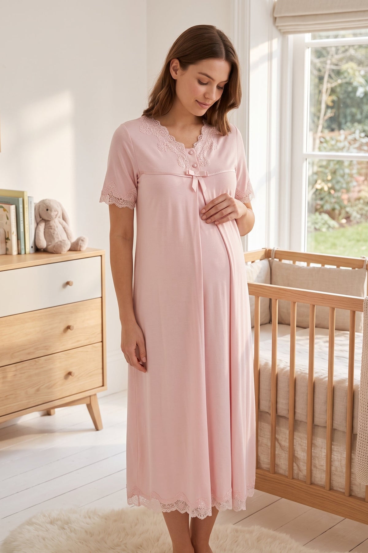 Lace Detailed Maternity Feeding-Friendly Nightgown Pink - T5033