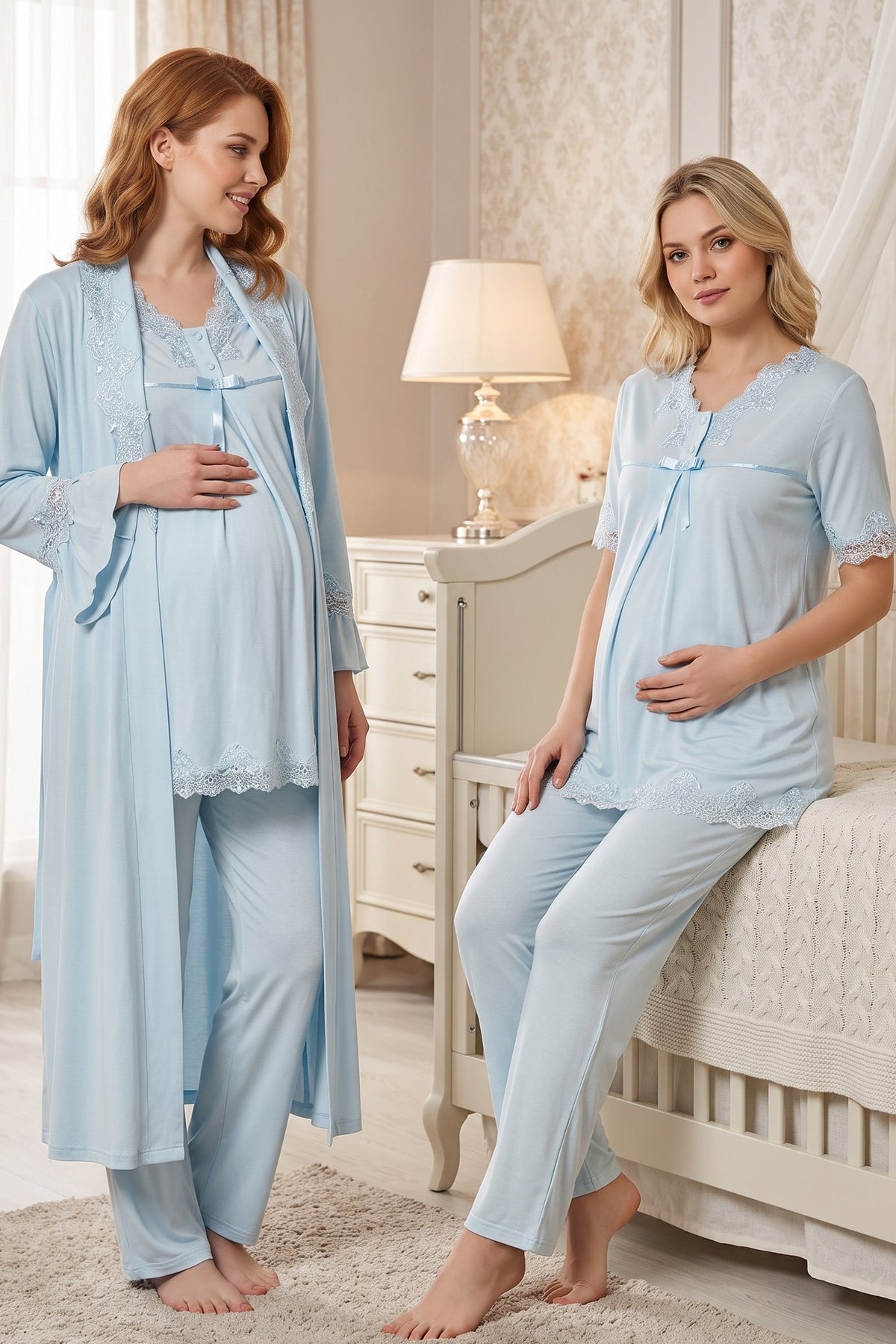 Lace Detailed 3-Piece Maternity Feeding-Friendly Pajama & Robe Set Blue - T5034