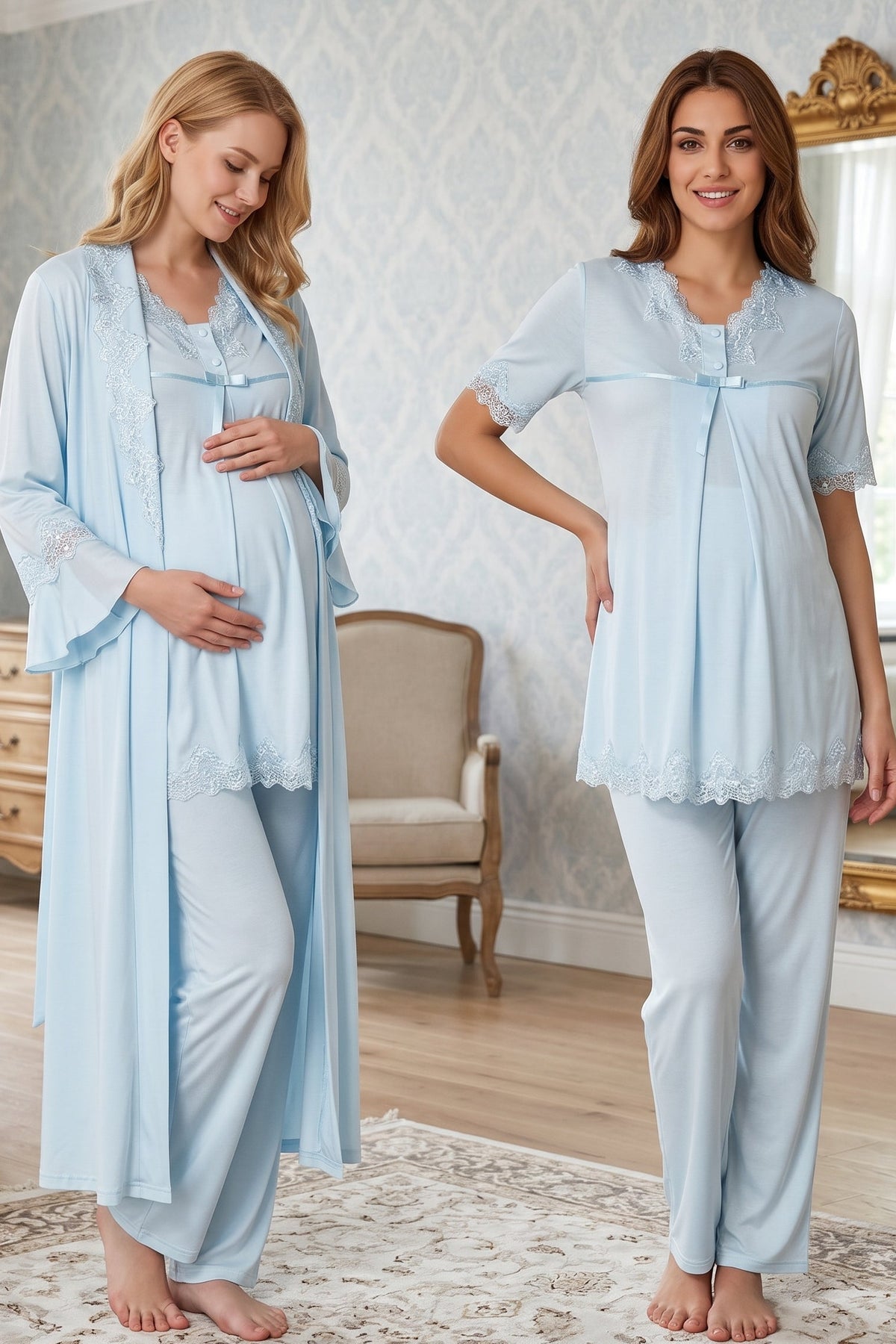Lace Detailed 3-Piece Maternity Feeding-Friendly Pajama & Robe Set Blue - T5034