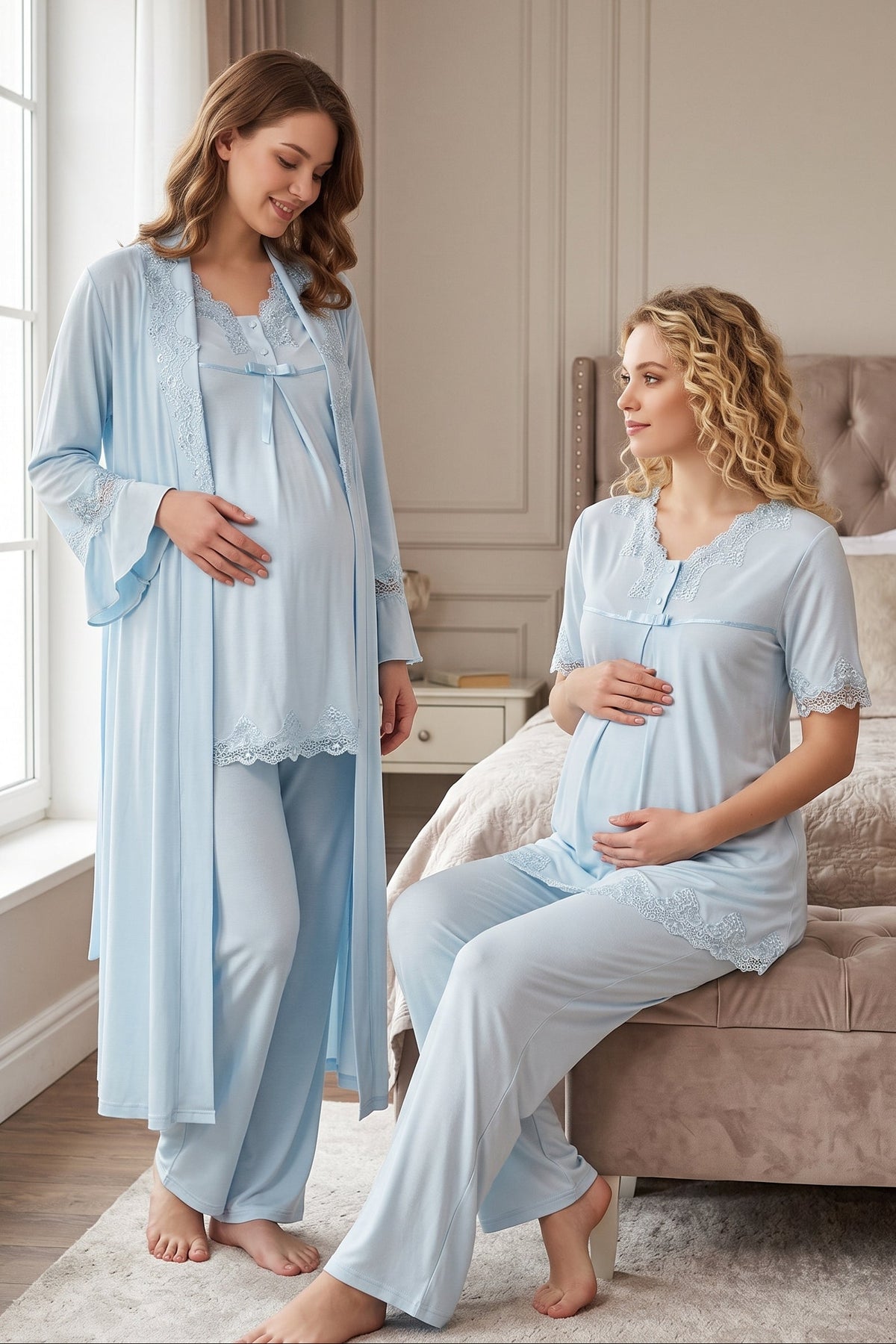 Lace Detailed 3-Piece Maternity Feeding-Friendly Pajama & Robe Set Blue - T5034