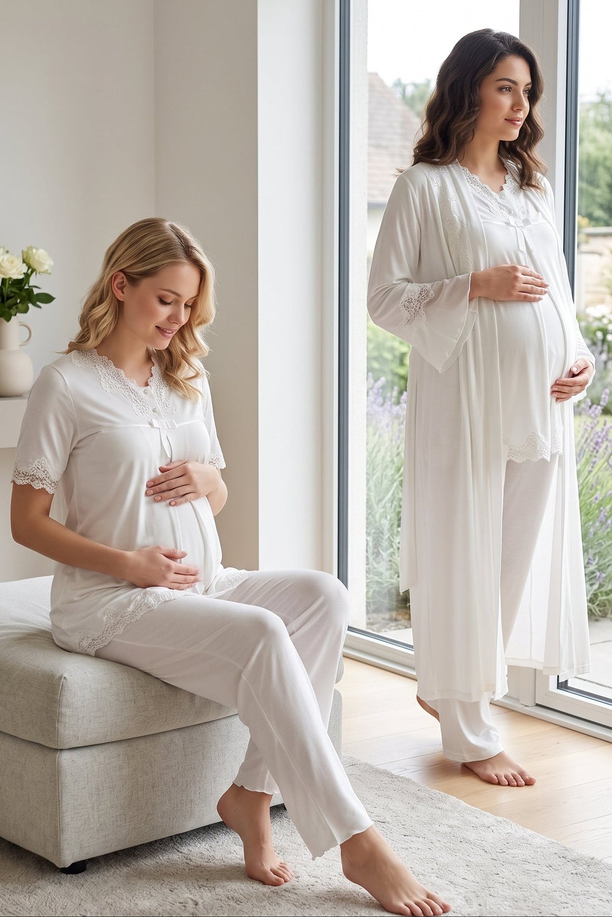 Lace Detailed 3-Piece Maternity Feeding-Friendly Pajama & Robe Set Ecru - T5034