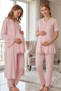 Lace Detailed 3-Piece Maternity Feeding-Friendly Pajama & Robe Set Pink - T5034