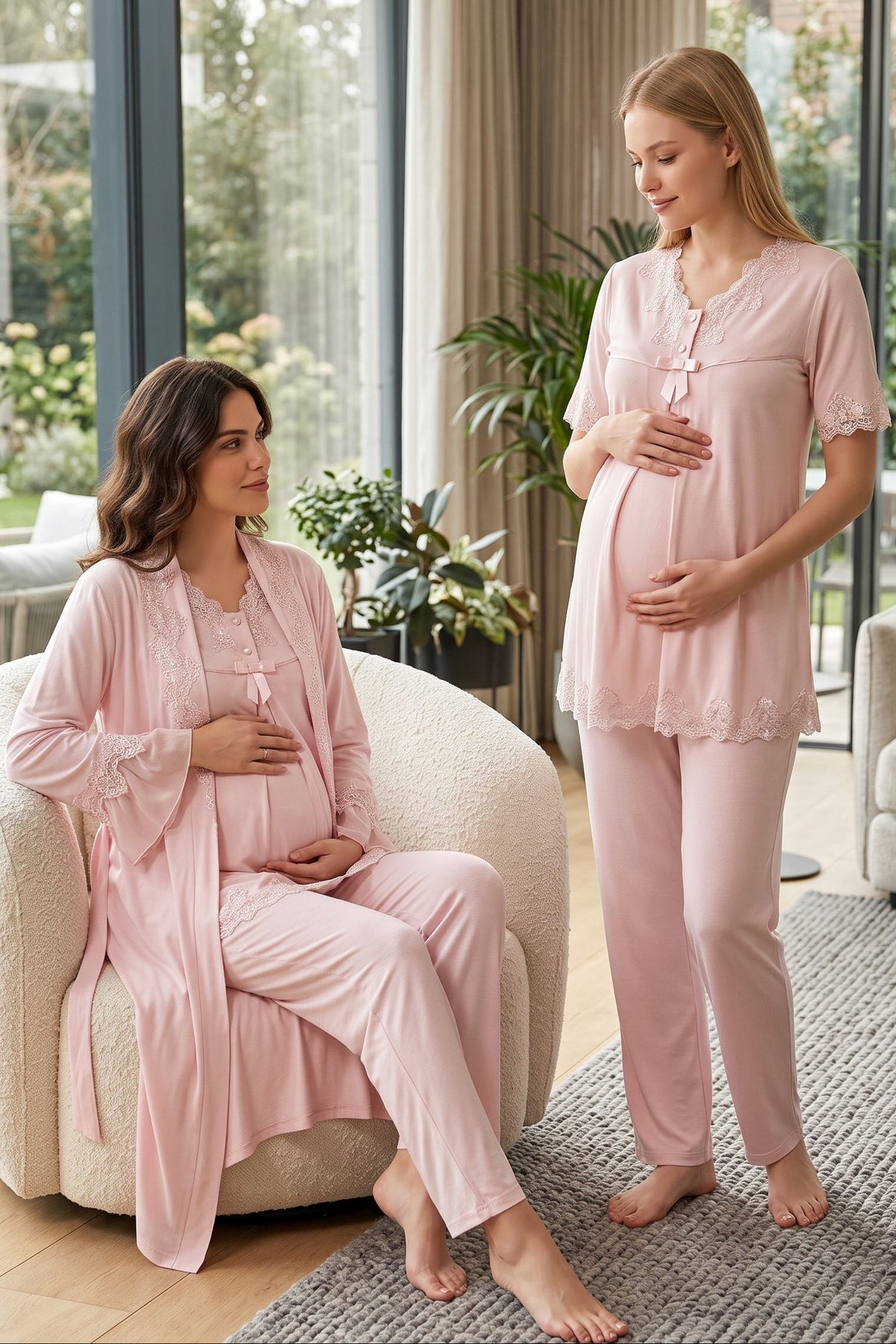 Lace Detailed 3-Piece Maternity Feeding-Friendly Pajama & Robe Set Pink - T5034