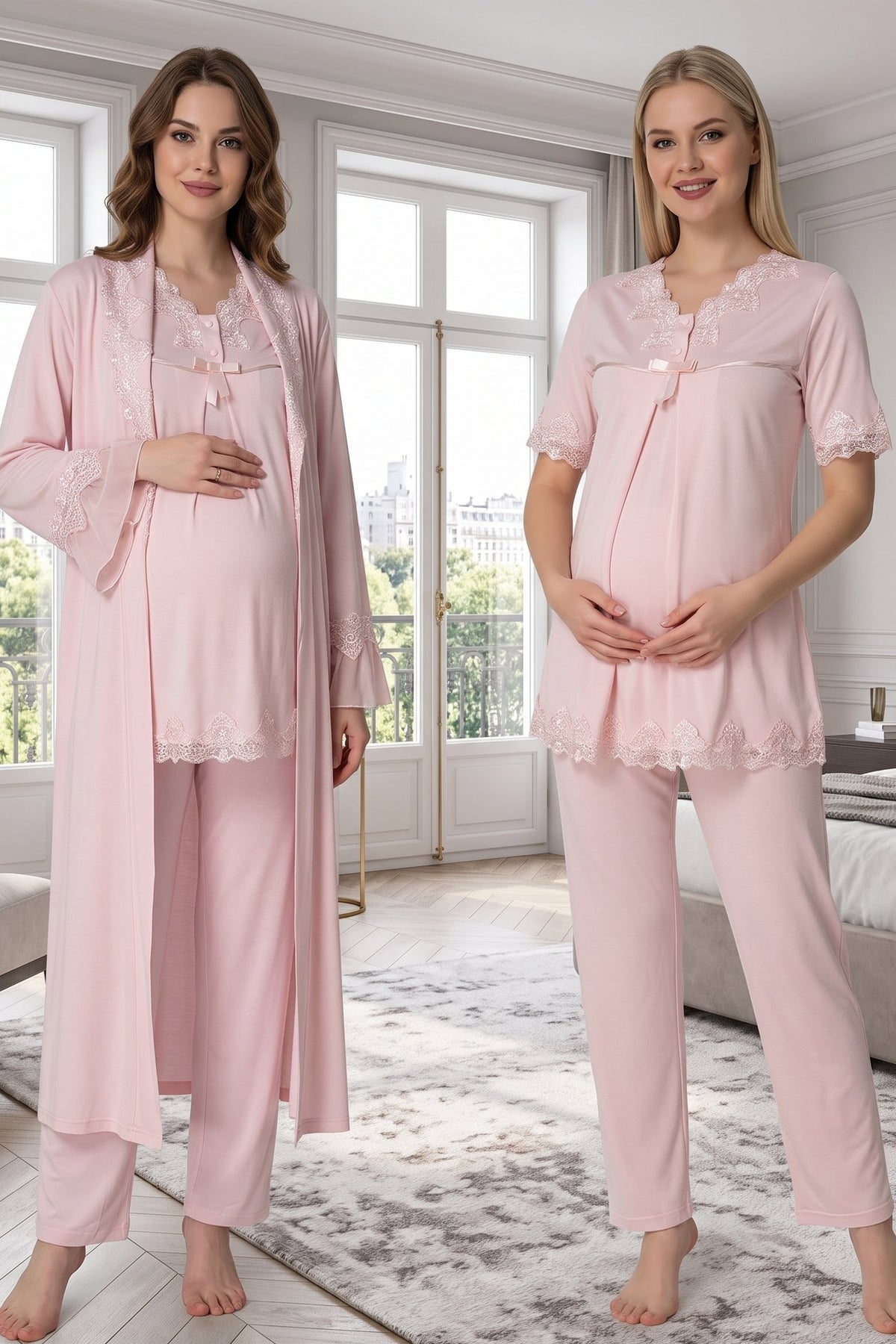 Lace Detailed 3-Piece Maternity Feeding-Friendly Pajama & Robe Set Pink - T5034