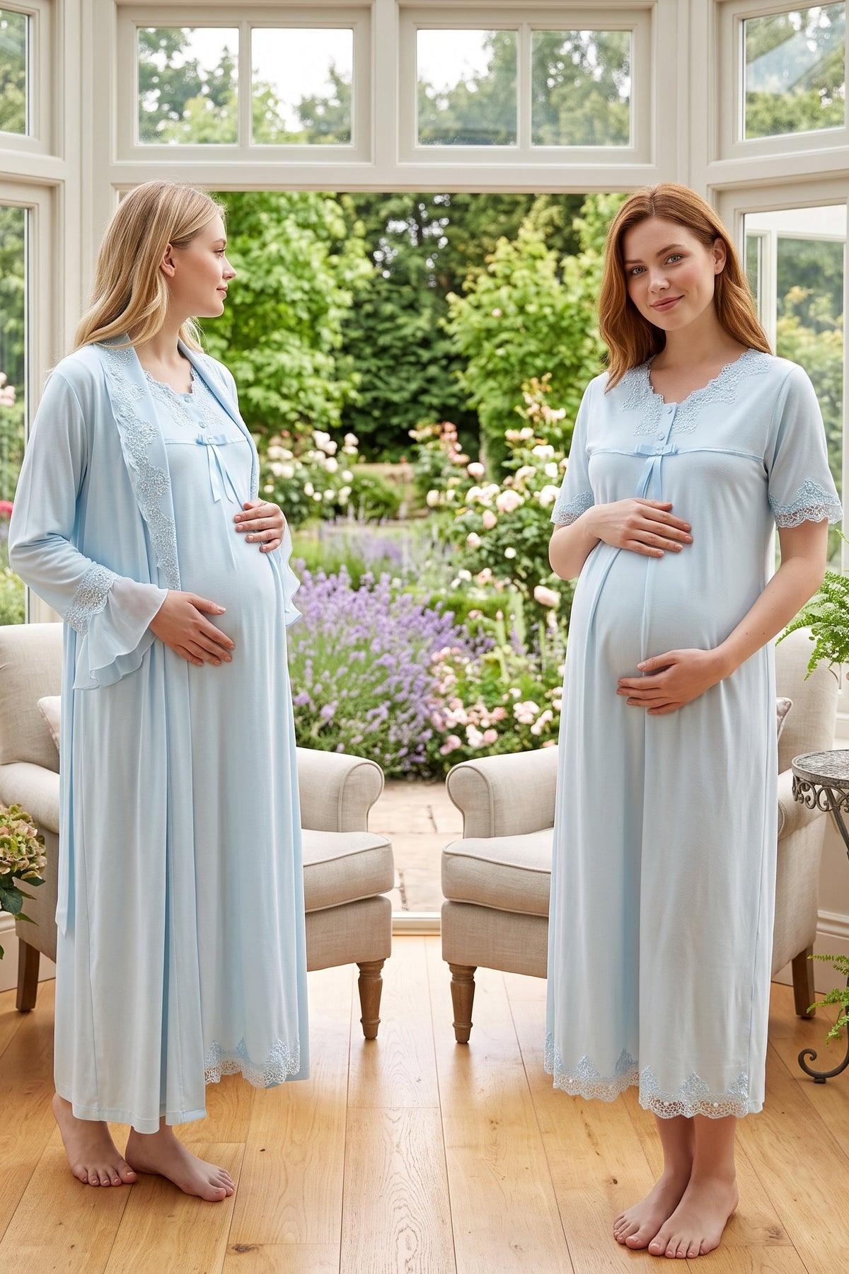 Lace Detailed Maternity Feeding-Friendly Nightgown & Robe Set Blue - T5035