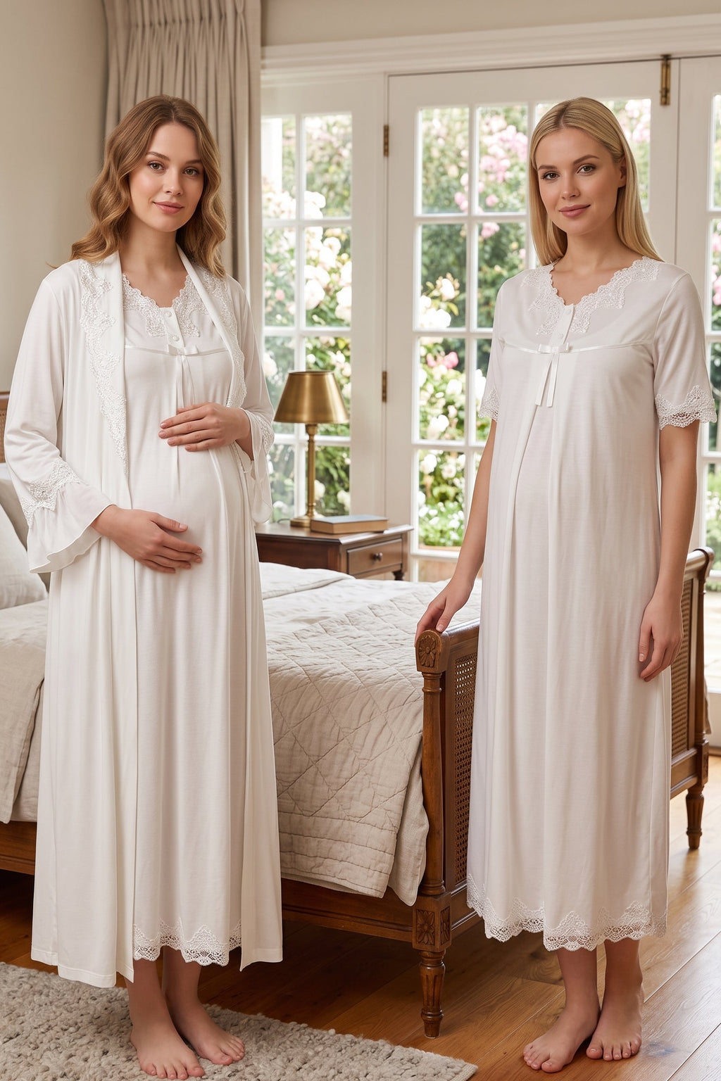 Lace Detailed Maternity Feeding-Friendly Nightgown & Robe Set Ecru - T5035
