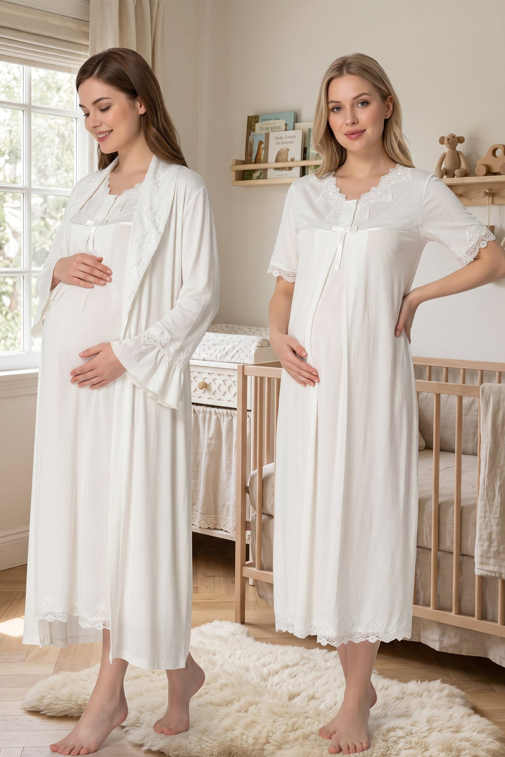 Lace Detailed Maternity Feeding-Friendly Nightgown & Robe Set Ecru - T5035
