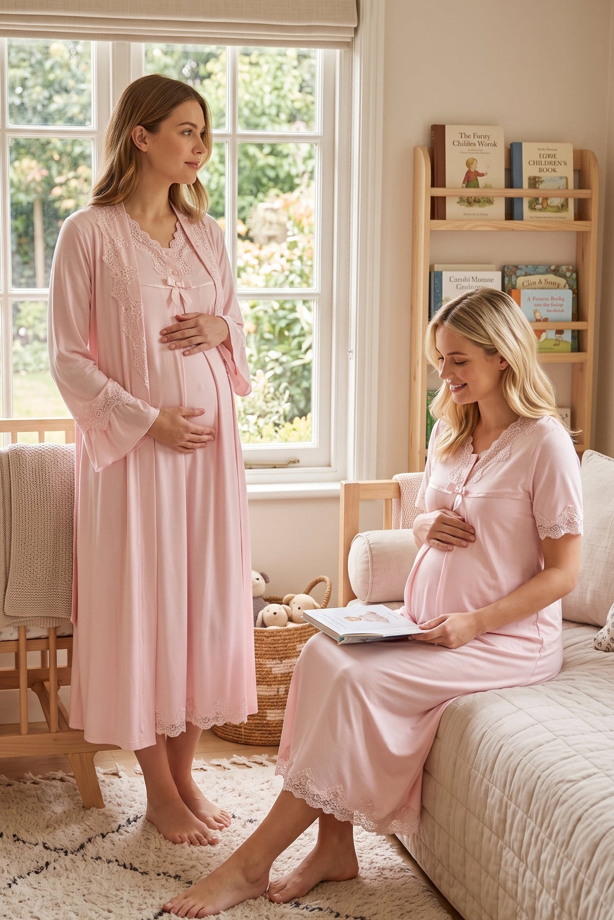 Lace Detailed Maternity Feeding-Friendly Nightgown & Robe Set Pink - T5035