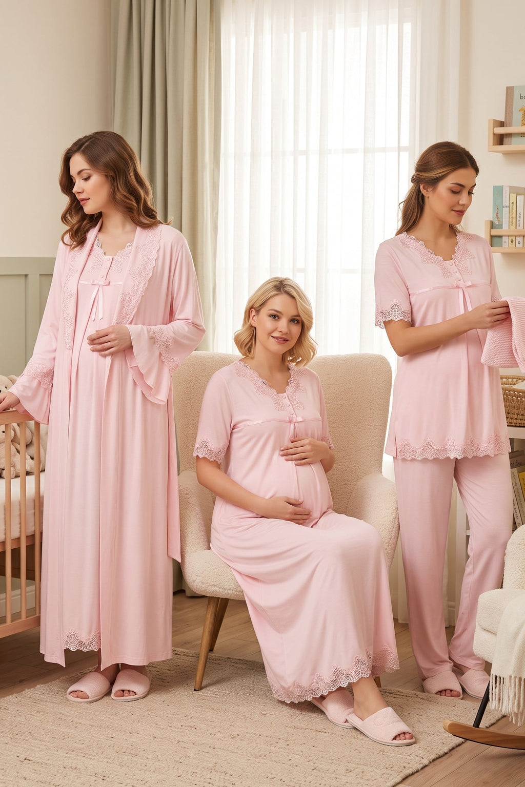 Lace Detailed 4-Piece Maternity Feeding-Friendly Set Pink - T5036