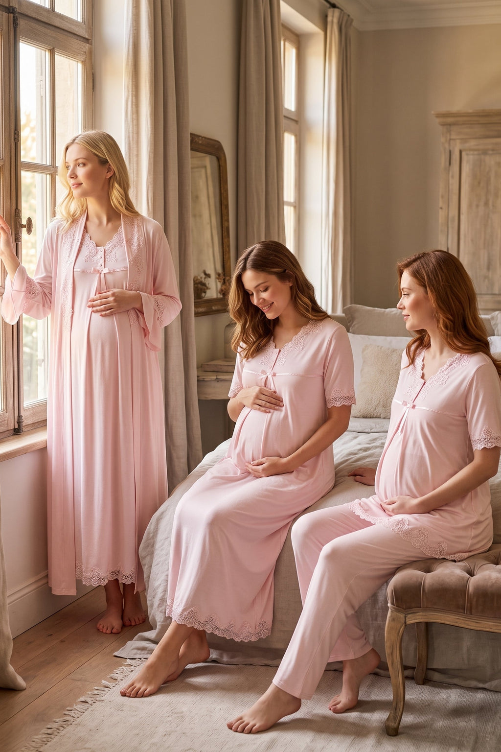 Lace Detailed 4-Piece Maternity Feeding-Friendly Set Pink - T5036