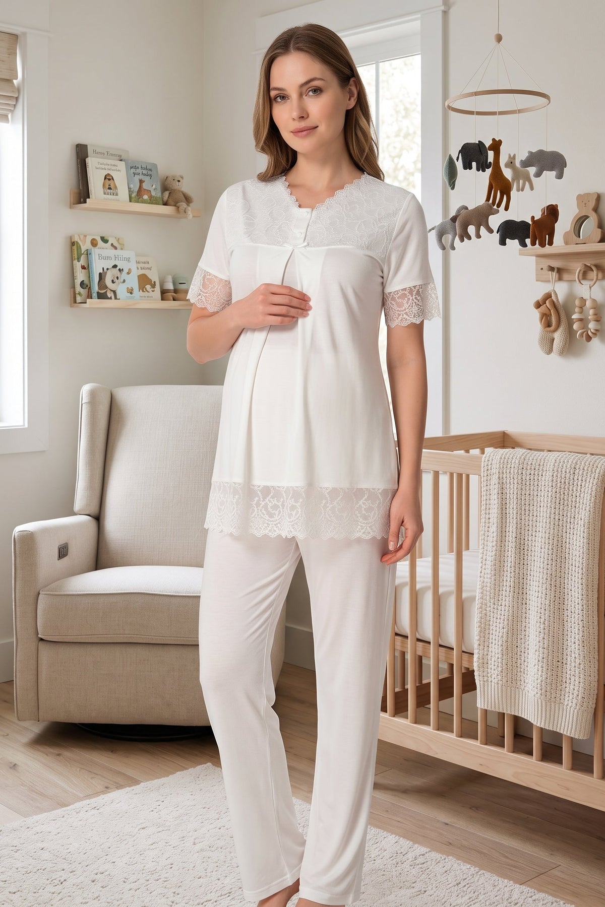 Lace Trim Maternity Feeding-Friendly Pajama Set Ecru - T5042