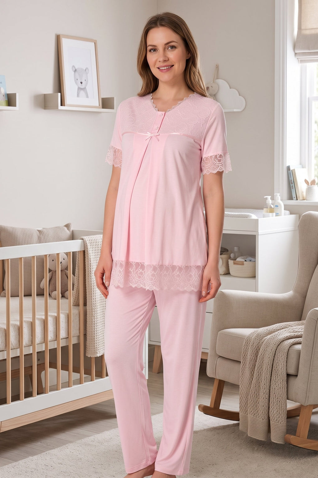 Lace Trim Maternity Feeding-Friendly Pajama Set Pink - T5042