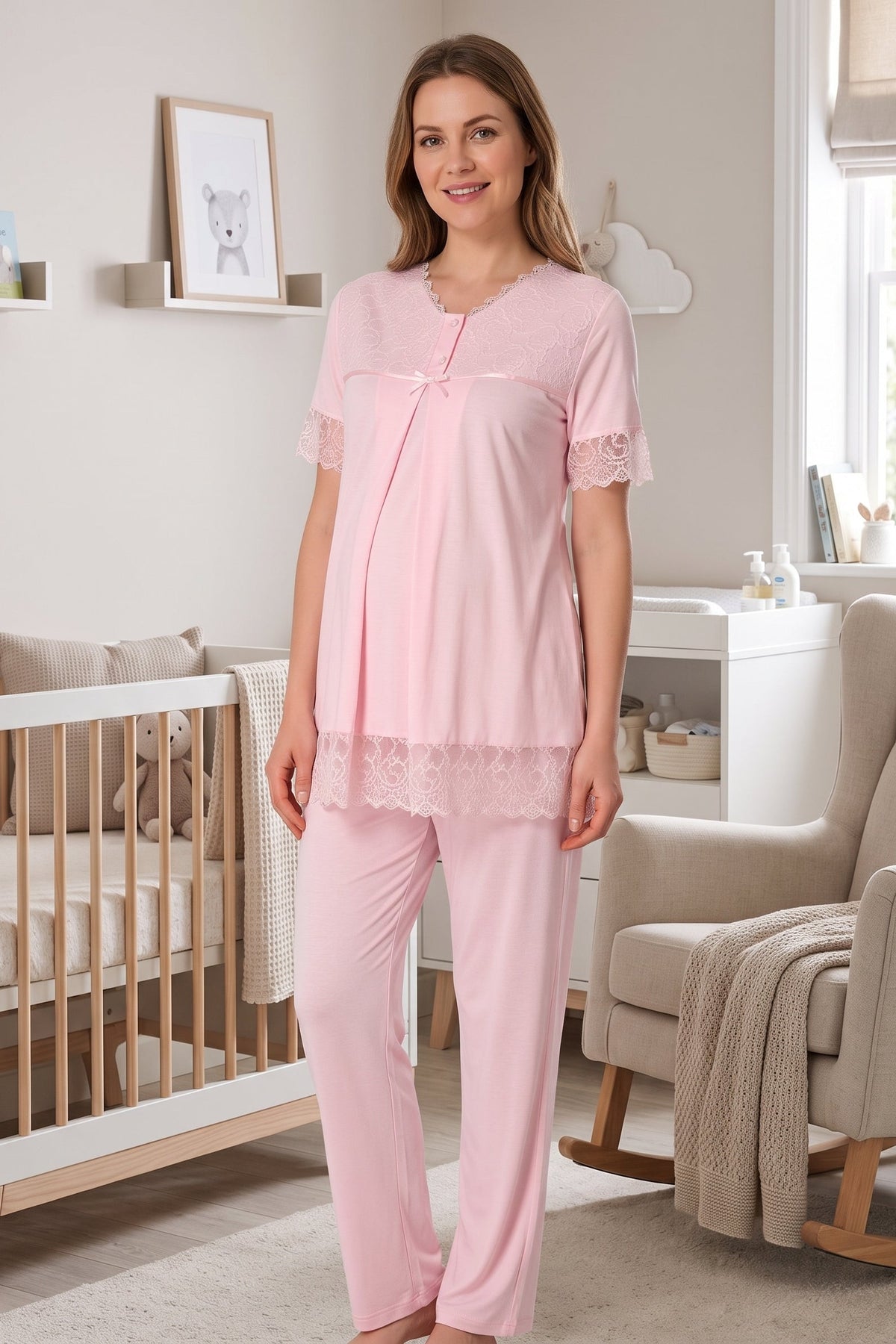 Lace Trim Maternity Feeding-Friendly Pajama Set Pink - T5042