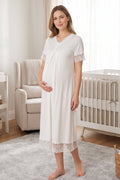 Lace Trim Maternity Feeding-Friendly Nightgown Ecru - T5043