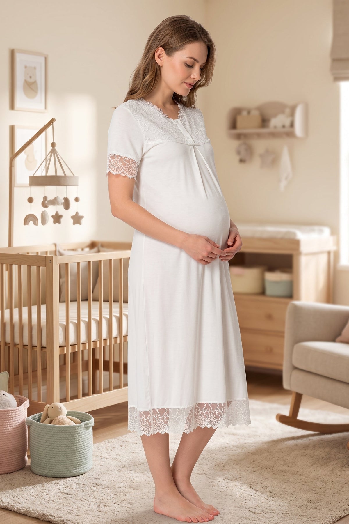 Lace Trim Maternity Feeding-Friendly Nightgown Ecru - T5043