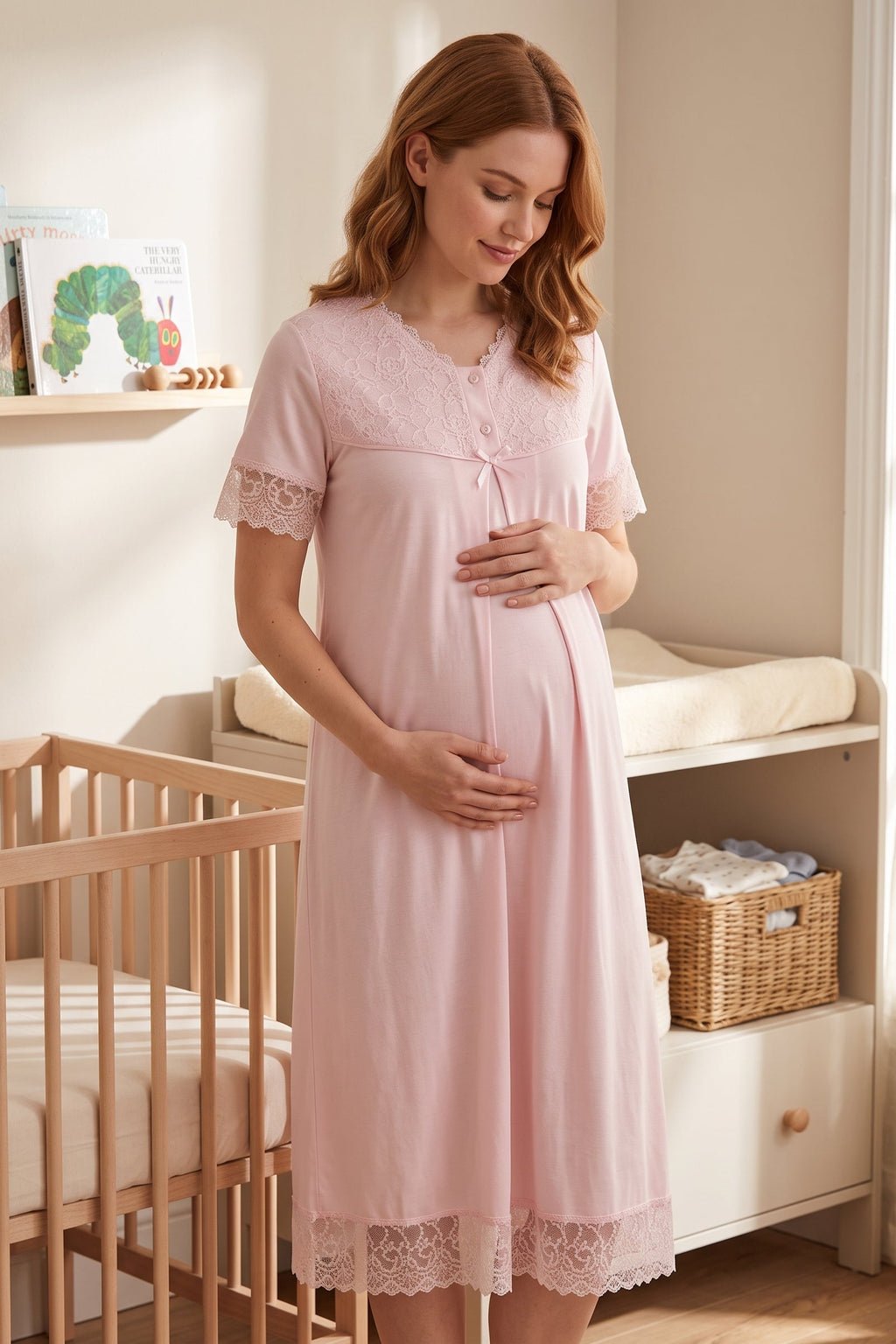 Lace Trim Maternity Feeding-Friendly Nightgown Pink - T5043