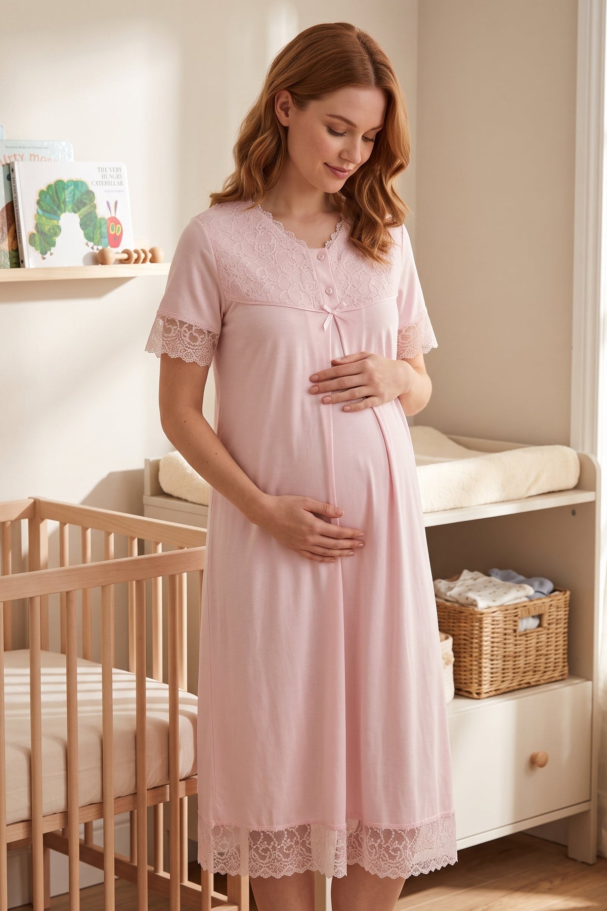 Lace Trim Maternity Feeding-Friendly Nightgown Pink - T5043