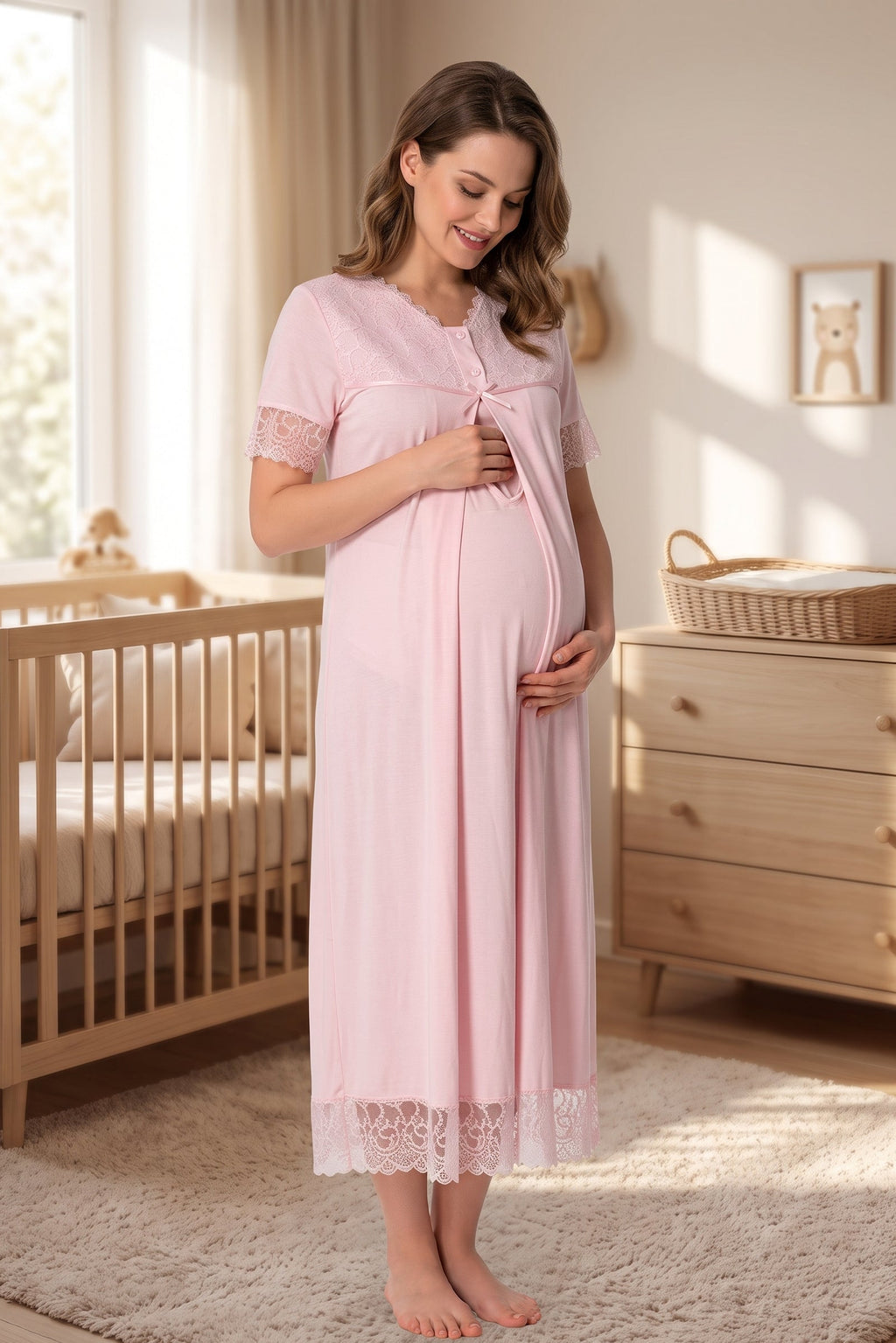 Lace Trim Maternity Feeding-Friendly Nightgown Pink - T5043