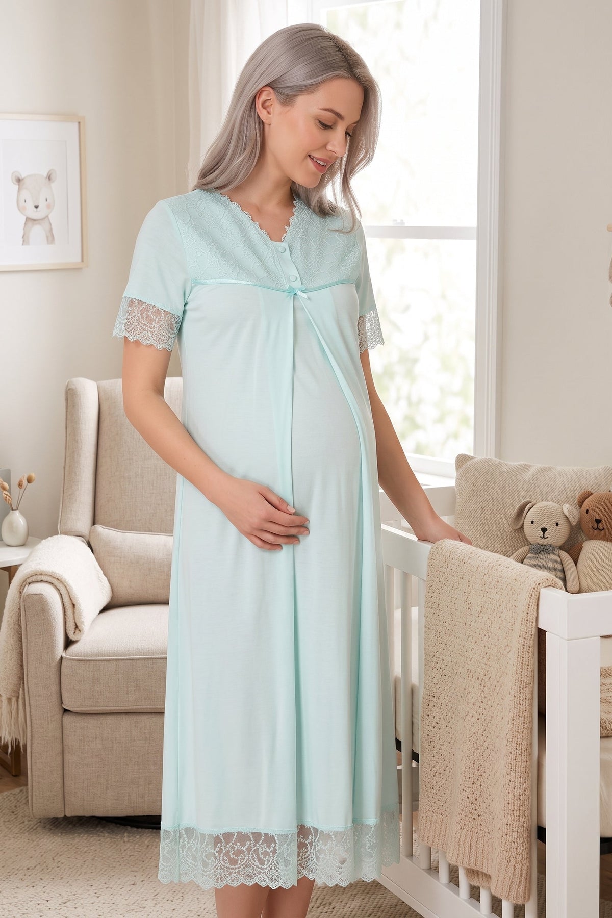 Lace Trim Maternity Feeding-Friendly Nightgown Turquoise - T5043
