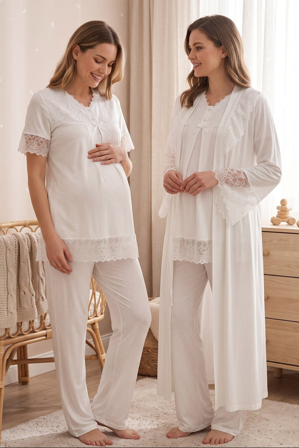 Lace Trim 3-Piece Maternity Feeding-Friendly Pajama & Robe Set Ecru - T5044