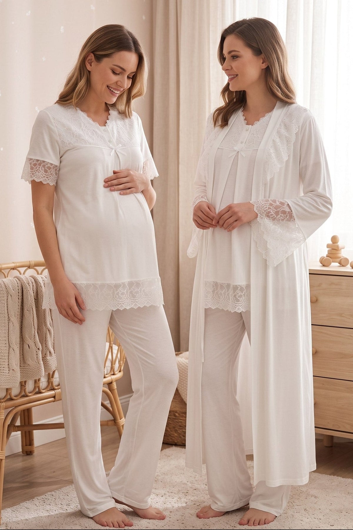 Lace Trim 3-Piece Maternity Feeding-Friendly Pajama & Robe Set Ecru - T5044