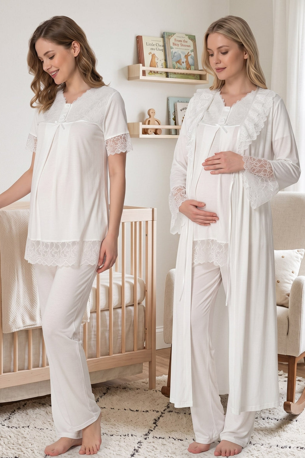 Lace Trim 3-Piece Maternity Feeding-Friendly Pajama & Robe Set Ecru - T5044