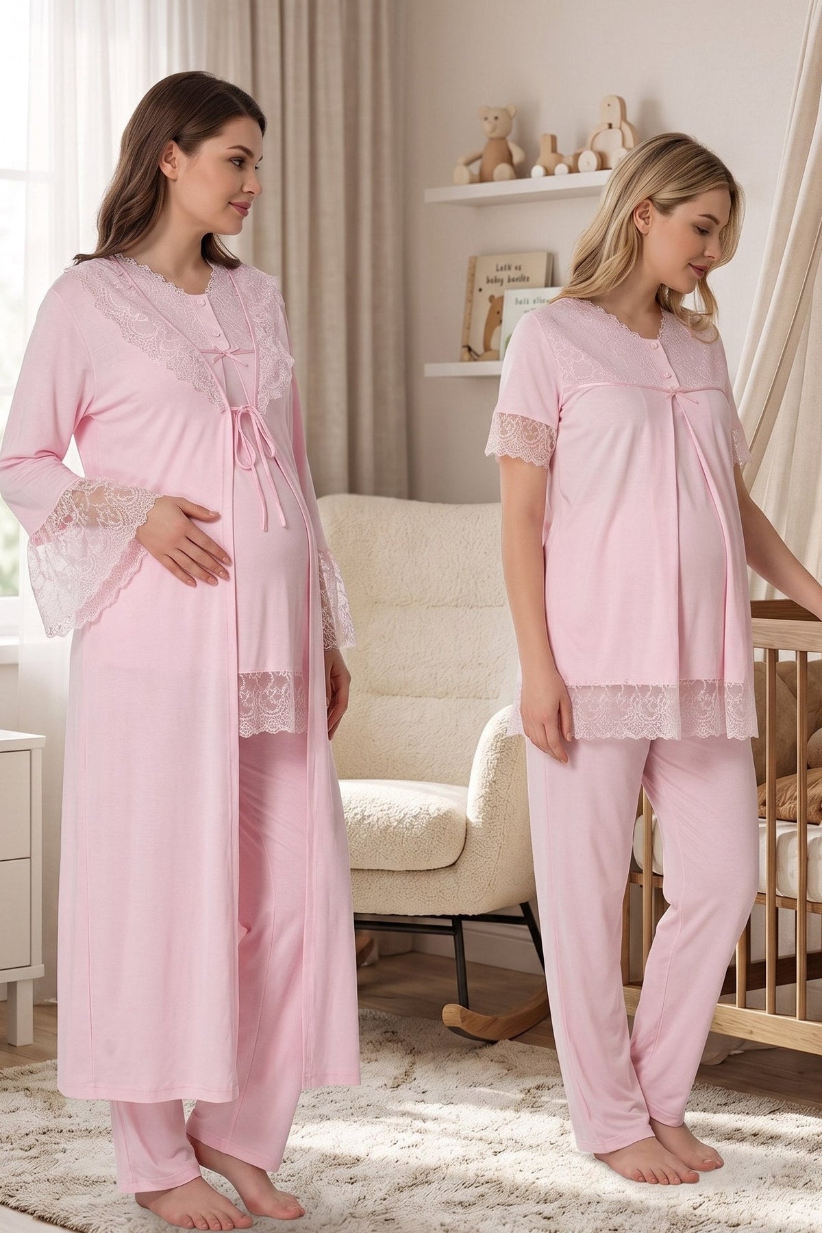 Lace Trim 3-Piece Maternity Feeding-Friendly Pajama & Robe Set Pink - T5044