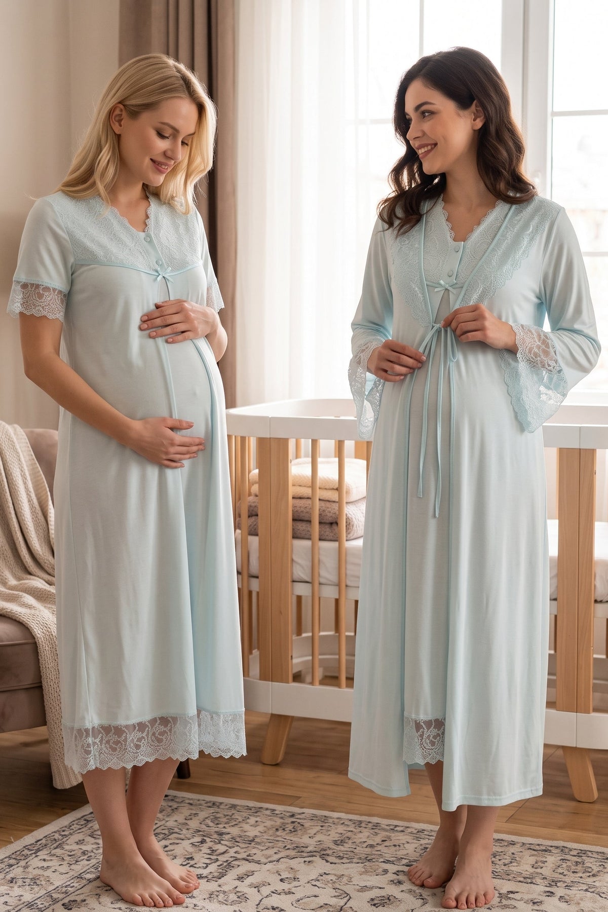 Lace Trim Maternity Feeding-Friendly Nightgown & Robe Set Turquoise - T5045