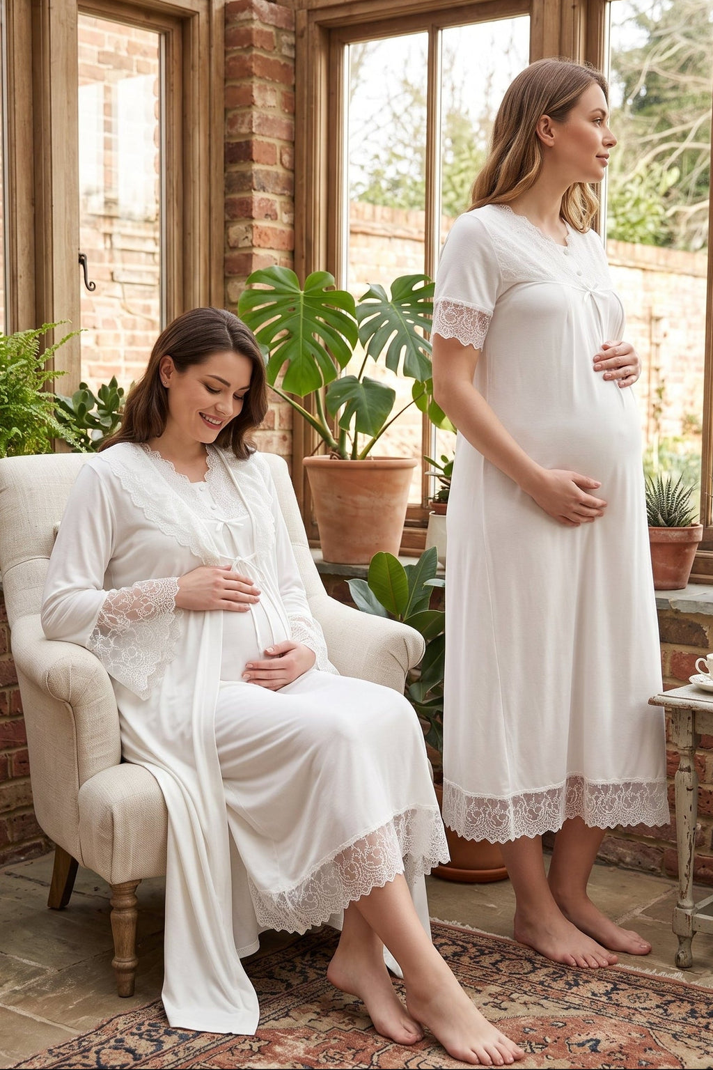 Lace Trim Maternity Feeding-Friendly Nightgown & Robe Set Ecru - T5045