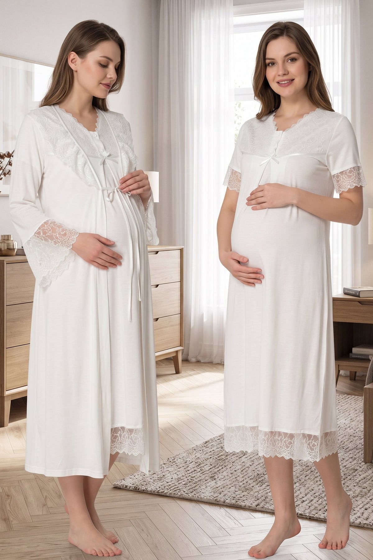 Lace Trim Maternity Feeding-Friendly Nightgown & Robe Set Ecru - T5045