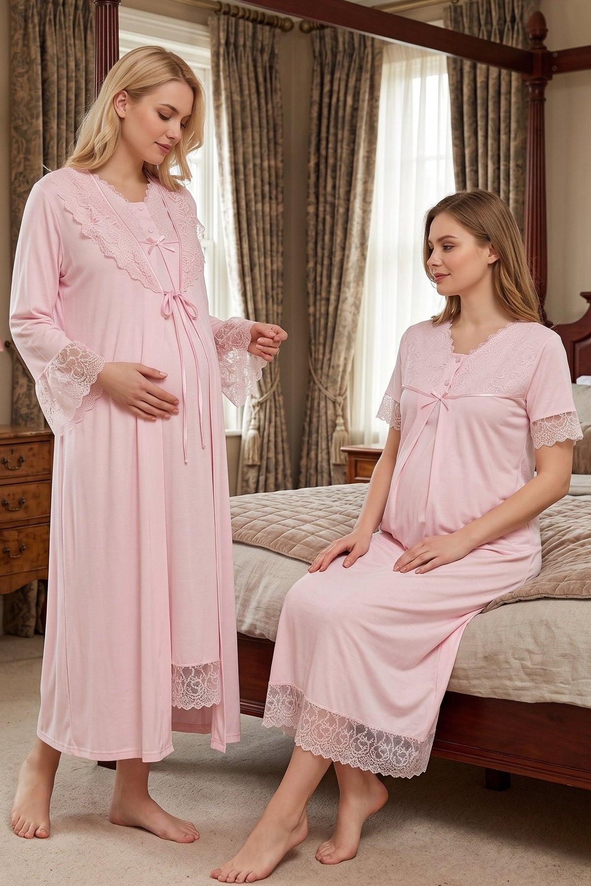 Lace Trim Maternity Feeding-Friendly Nightgown & Robe Set Pink - T5045
