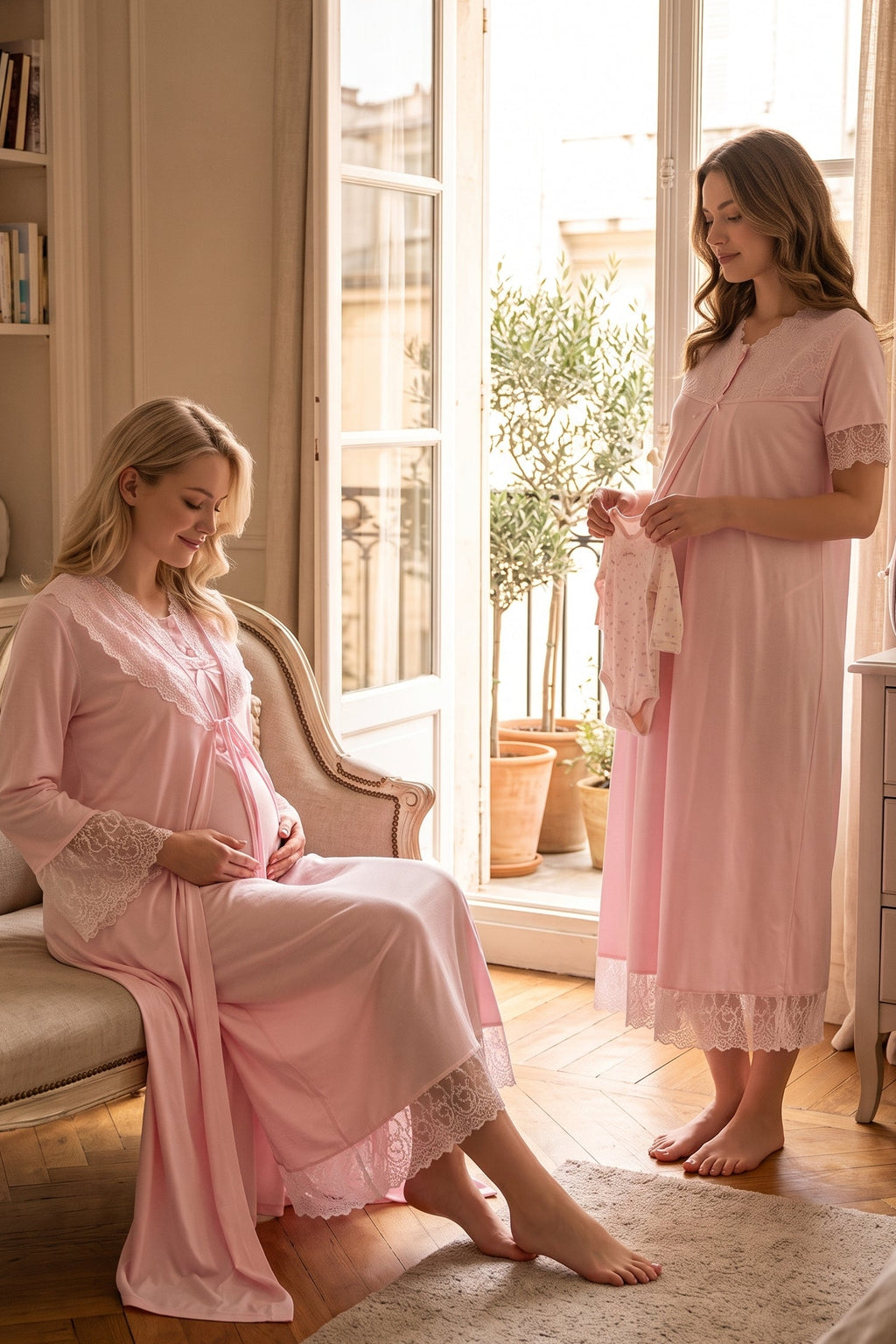 Lace Trim Maternity Feeding-Friendly Nightgown & Robe Set Pink - T5045